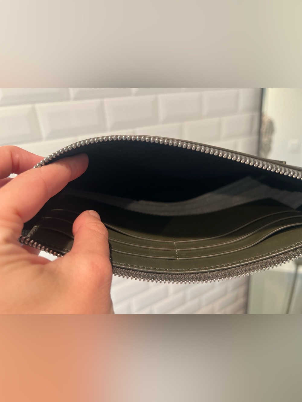 Theory Dark Olive Leather Clutch with Front Pocket - Picture 3 of 8